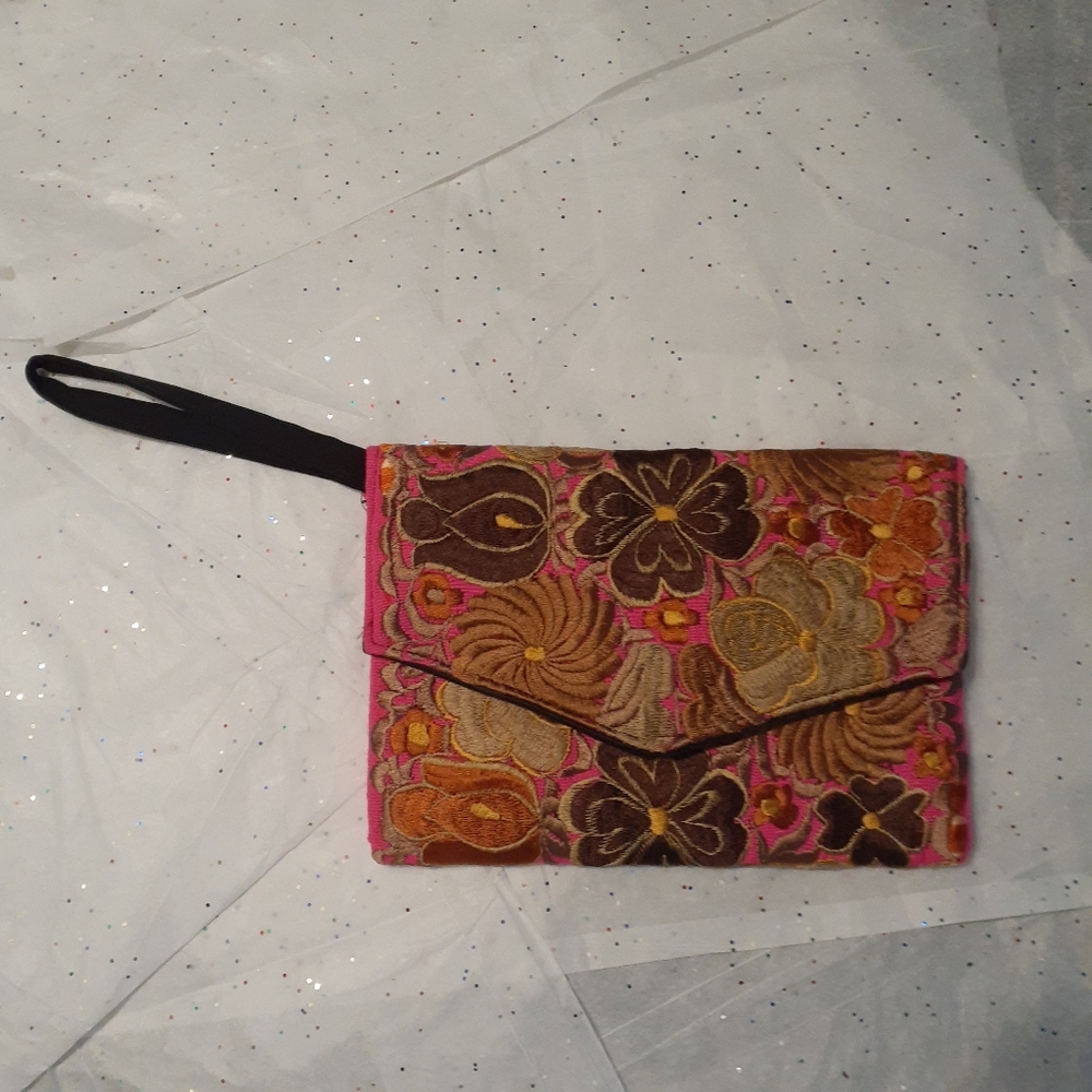 Mexican clutch with flowers , pink and black